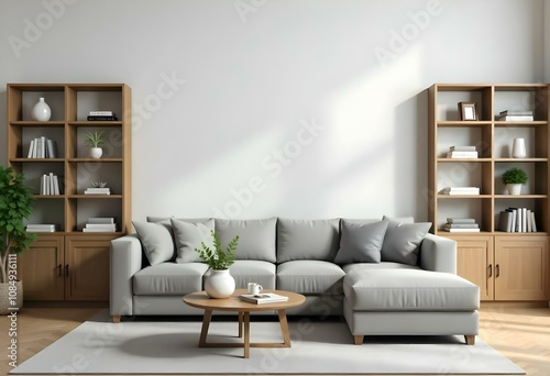 A modern living room with a large gray sofa, wooden shelves on the walls, and a wooden coffee table in the center