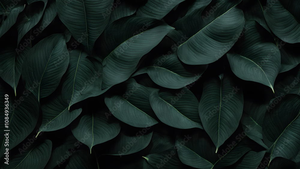 A close up of green leaves with a dark background A close up of green leaves with a dark background