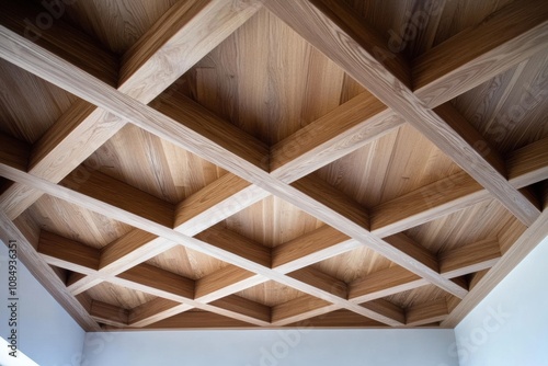 Wooden ceiling design with exposed beam structure, timber joints adding depth and character to the interior photo