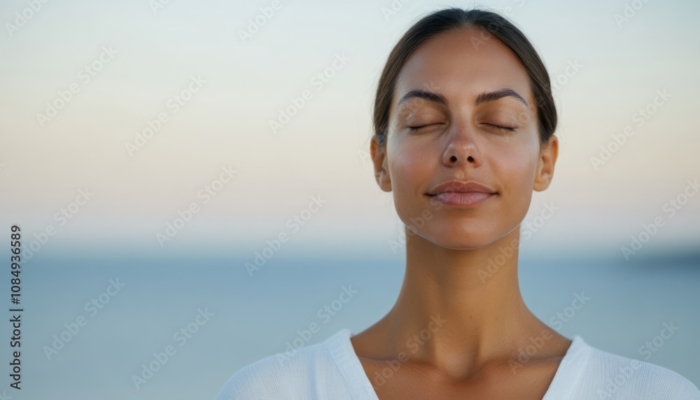 Woman meditating peacefully by the beach during sunrise with a calm expression and closed eyes Woman meditating peacefully by the beach during sunrise with a calm expression and closed eyes