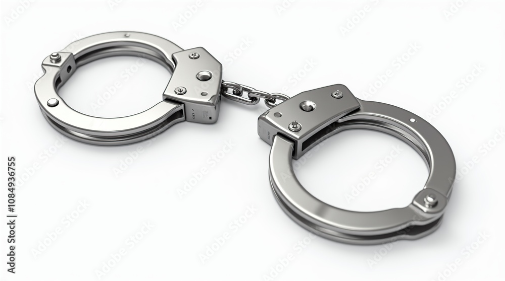 Realistic 3D Rendering of Metallic Handcuffs on White Background Realistic 3D Rendering of Metallic Handcuffs on White Background