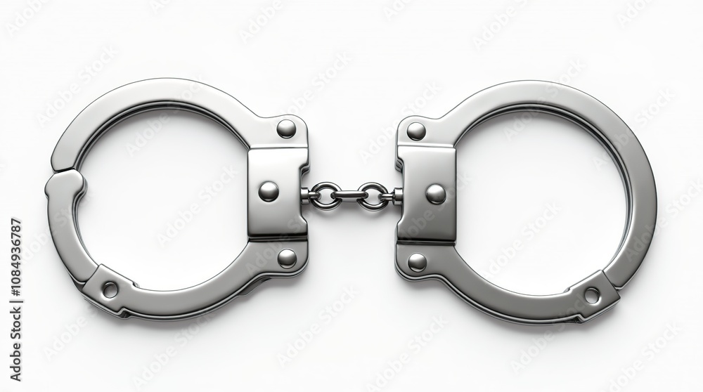 Realistic 3D Rendering of Metallic Handcuffs on White Background Realistic 3D Rendering of Metallic Handcuffs on White Background