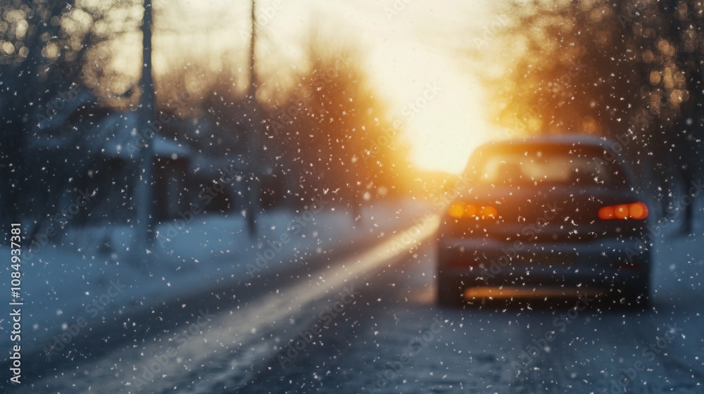 dilyc winter background in dusk with sunset, winter road, snow is falling. Modern car is parked in the distance and the glasses of the car are frozen. dilyc winter background in dusk with sunset, winter road, snow is falling. Modern car is parked in the distance and the glasses of the car are frozen.