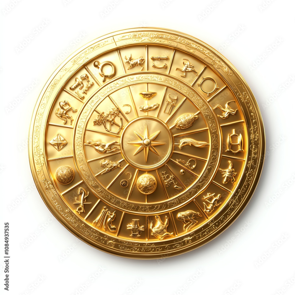 Golden zodiac wheel, white isolate background Golden zodiac wheel, white isolate background