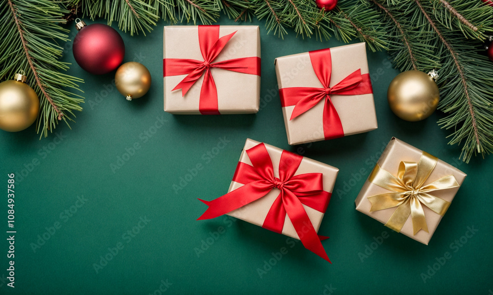 Season's greetings scene. Top-view of boxes tied with bows, Christmas decorations, balls, rustic star, holly berries, frosty spruce branches, confetti on green backdrop, perfect for messages or promo Season's greetings scene. Top-view of boxes tied with bows, Christmas decorations, balls, rustic star, holly berries, frosty spruce branches, confetti on green backdrop, perfect for messages or promo