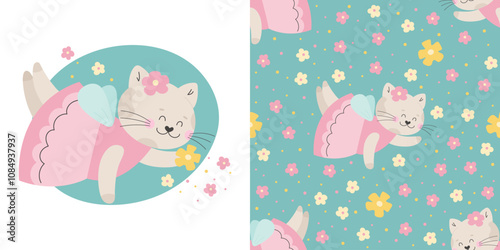 Fairy tale cat with flowers seamless pattern