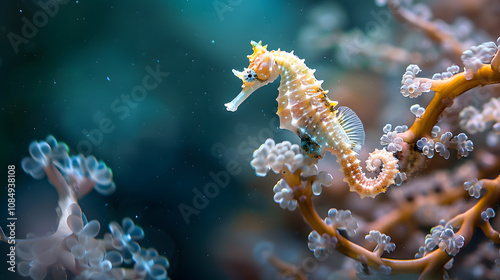 A seahorse is swimming in the ocean.