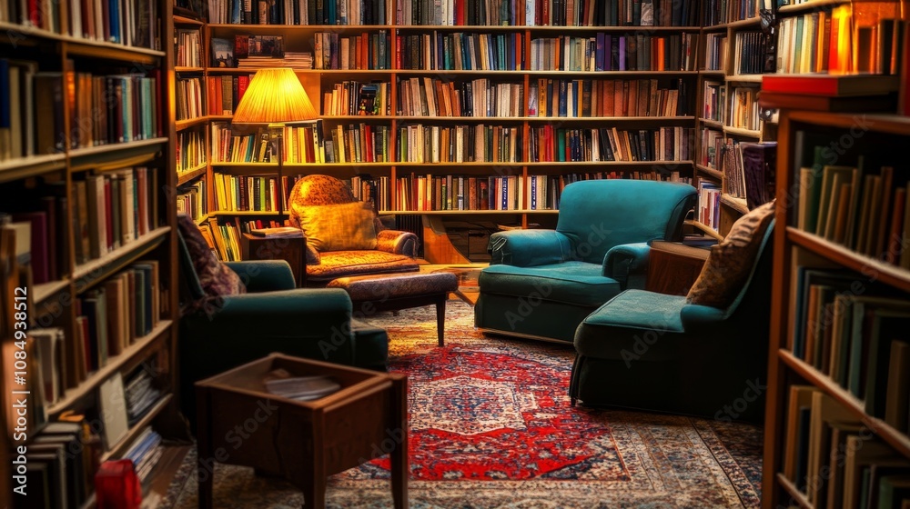 A cozy reading room with bookshelves and comfortable reading chairs, Books arranged by genres and themes, Literary retreat style A cozy reading room with bookshelves and comfortable reading chairs, Books arranged by genres and themes, Literary retreat style