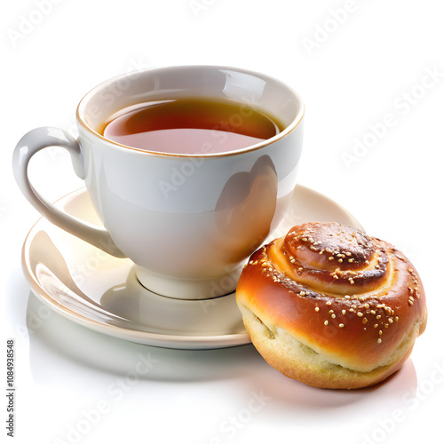 Cup of coffee and croissant on white background