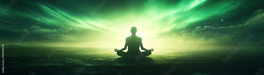 Person meditating in a serene environment with vibrant light display. Person meditating in a serene environment with vibrant light display.