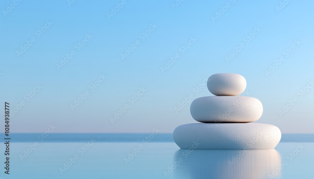 Tranquil stacked stones by calm waters under bright blue sky at sunset Tranquil stacked stones by calm waters under bright blue sky at sunset