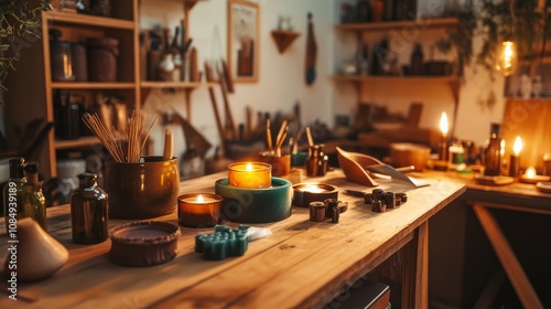 A cozy room with a variety of candle-making tools and materials, including molds, wax