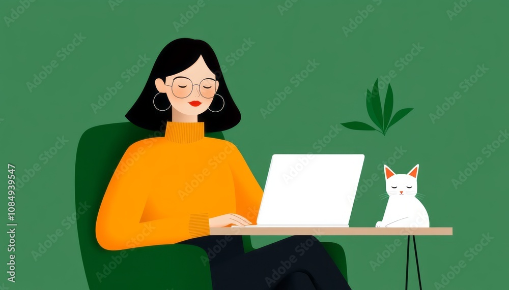 Woman working on a laptop while sitting with her cat in a cozy home environment Woman working on a laptop while sitting with her cat in a cozy home environment