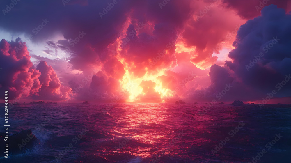 Fototapeta premium Dramatic Ocean Sunset with Pink and Yellow Clouds - Illustration