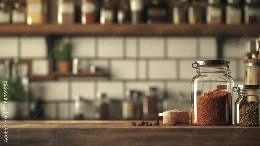 Wooden Countertop with Jars of Spices and Blurry Kitchen Background Wooden Countertop with Jars of Spices and Blurry Kitchen Background
