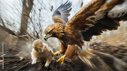 Golden Eagle Seizing Prey in a Blurred Forest Setting photo