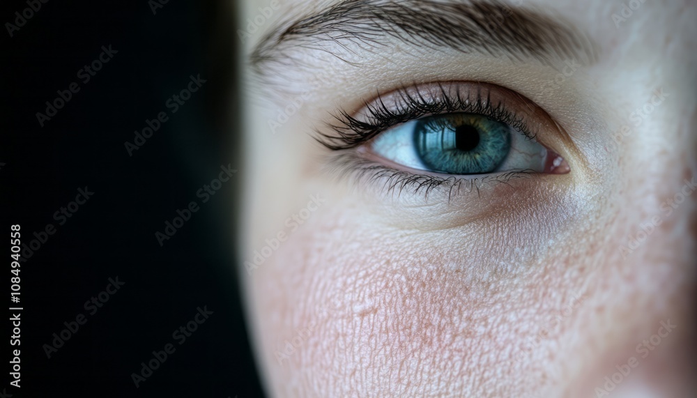 Close-up of a young person's bright blue eye with detailed eyelashes and skin texture Close-up of a young person's bright blue eye with detailed eyelashes and skin texture