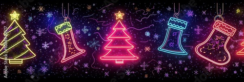 Festive retro neon Christmas design with glowing neon trees, bells, and stockings against a dark, vibrant background reflecting an 80s theme.