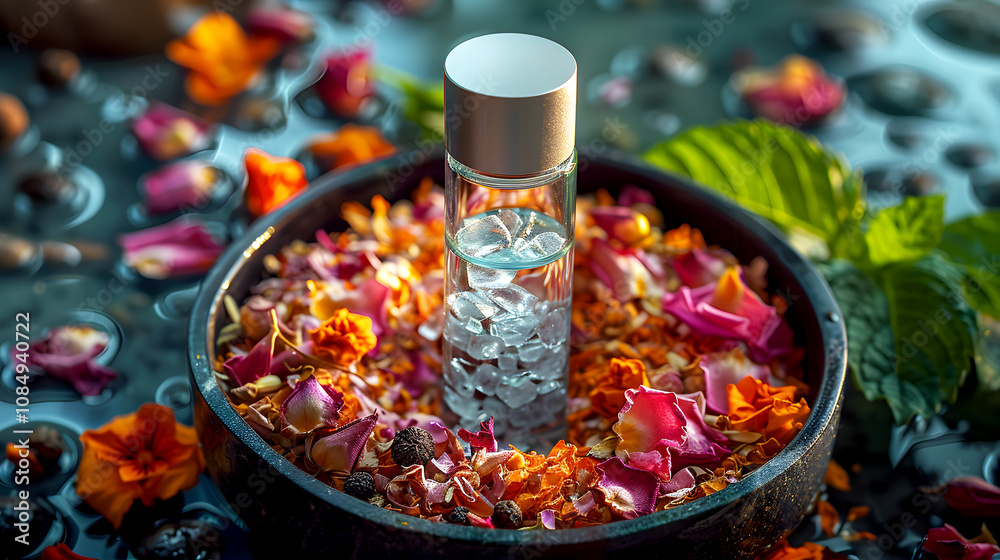 Essential Oil Inhaler Surrounded by Colorful Petals