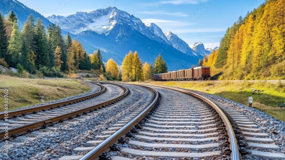 Fototapeta premium Winding Railway Track Through Scenic Mountain Landscape