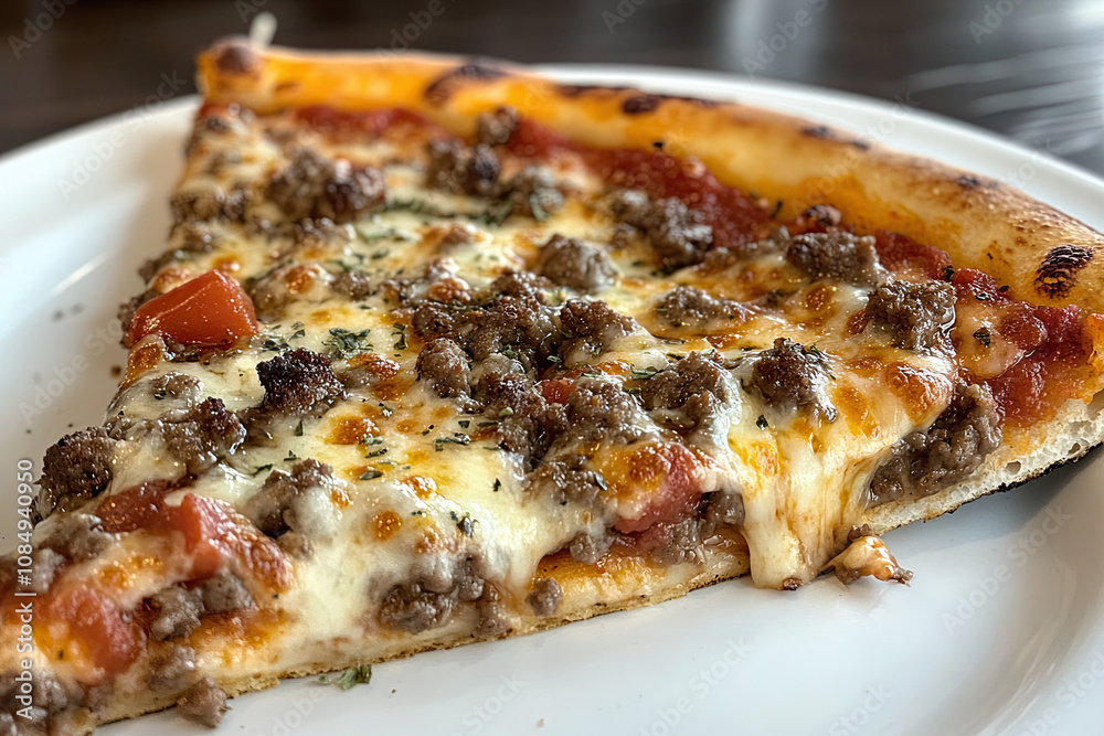 A slice of deep-dish pizza loaded with cheese and toppings A slice of deep-dish pizza loaded with cheese and toppings