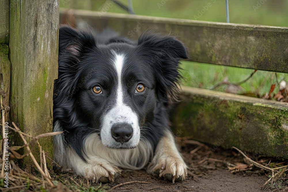 Farm dog lying by the gate, keeping watch