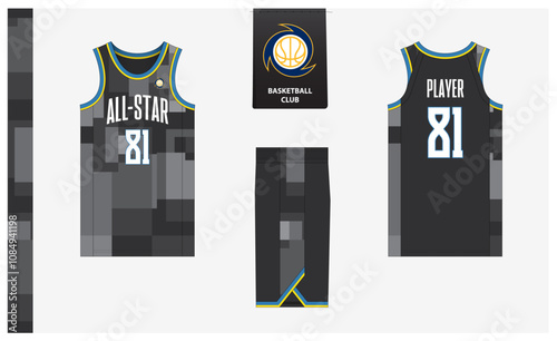 Basketball uniform mockup template design for sport club. Basketball jersey, basketball shorts in front and back view. Basketball logo design. 