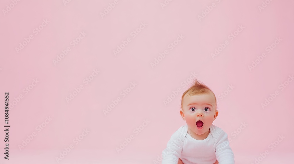Cute little infant baby girl crawling Over pink Studio Background. Free Space. 64k. award winning photography.