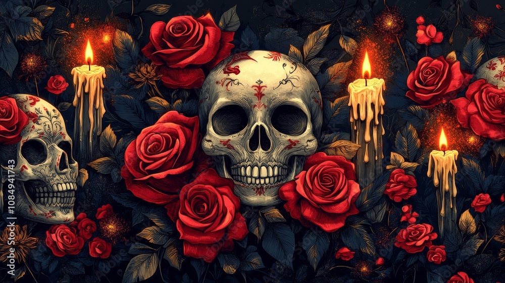 chicano patterns, Bold Skull Pattern with Roses and Candles chicano patterns, Bold Skull Pattern with Roses and Candles