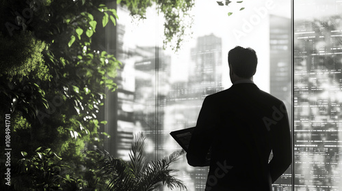 Businessman Standing in Front of Green Digital Data Display in Nature-Inspired Setting photo