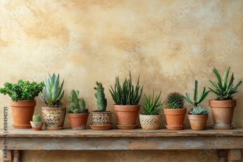 A row of potted plants with different colors and designs