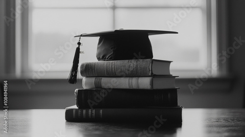  Graduation Cap on Stack of Books with Sunlit Green Plant in Background photo