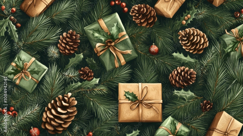 Gift boxes and pinecones nestled in a green and gold Christmas arrangement