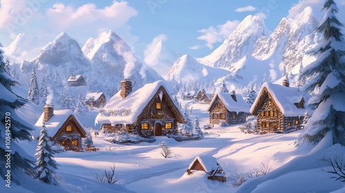Picturesque mountain village with wooden cabins and snow-capped peaks in daylight.