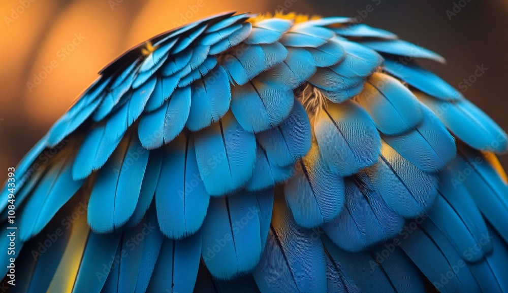 Fototapeta premium The feathers of a bird are shown in full color, with a blue and orange hue