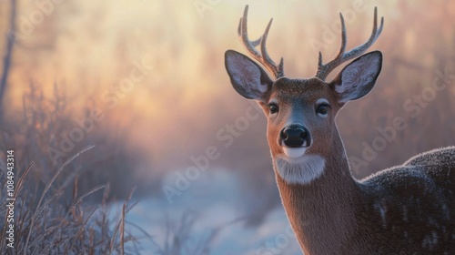 Majestic deer observing at dawn forest clearing wildlife photography serene environment close-up view nature's beauty photo