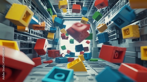 A creative building blocks scene in a futuristic space station, Blocks arranged in zero gravity, Space station creativity style photo