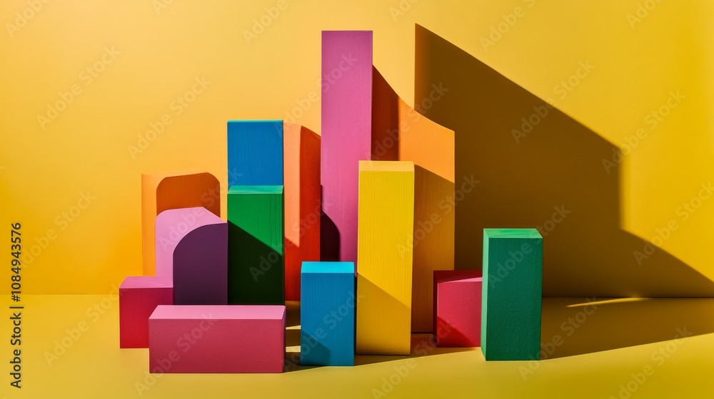 A creative building blocks scene in a minimalist studio, Colorful blocks arranged in a pattern, Contemporary artistry style A creative building blocks scene in a minimalist studio, Colorful blocks arranged in a pattern, Contemporary artistry style