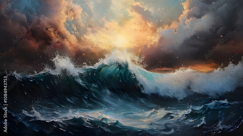 A dramatic seascape painting capturing the raw power of the ocean. Large waves crash against each other under a fiery sunset sky filled with dramatic clouds A dramatic seascape painting capturing the raw power of the ocean. Large waves crash against each other under a fiery sunset sky filled with dramatic clouds