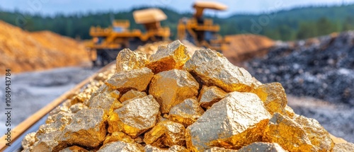 A close-up of shiny gold ore piles, with mining trucks in the background, showcasing an active mining operation in a rugged landscape. photo