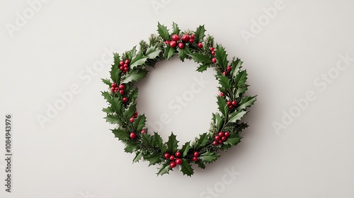 Decorative holiday wreath adorned with green leaves and red berries.