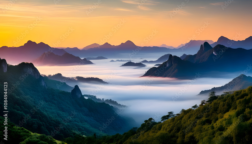 Obraz premium Majestic sunrise over fog-covered mountain peaks nature landscape outdoor serenity scenic viewpoint captivating atmosphere