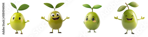 3D cartoon olive, playful character isolated on white background.  Collection Set Png.