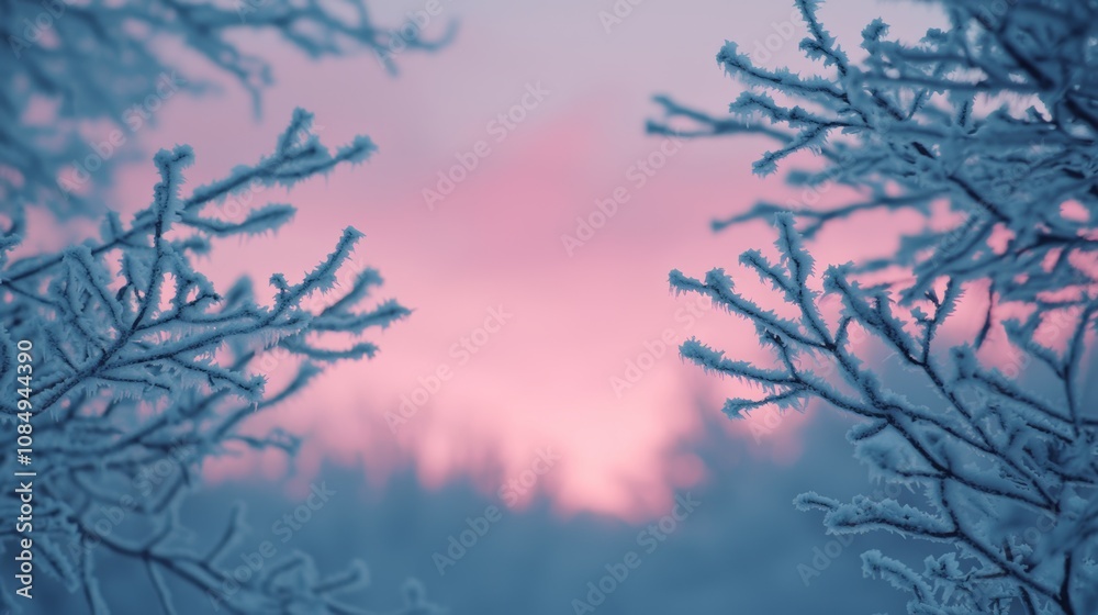 Obraz premium A serene winter scene featuring frosty branches against a pastel pink and blue sky at dawn.