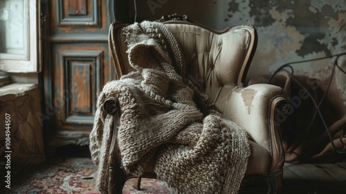 A stunning image of a handmade woolen jacket draped over a vintage chair, blending history and style photo