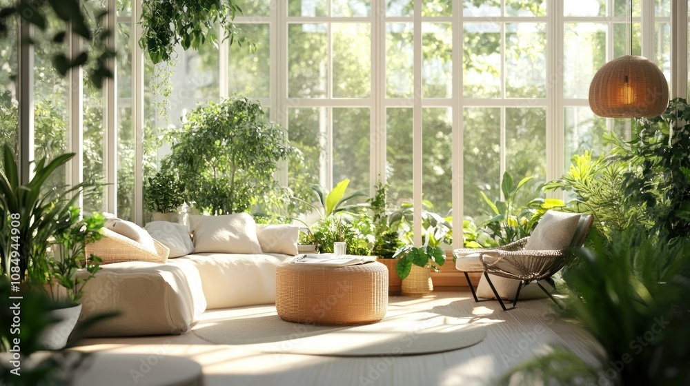 Sunlit Living Room with a Large Window and Lush Greenery Sunlit Living Room with a Large Window and Lush Greenery