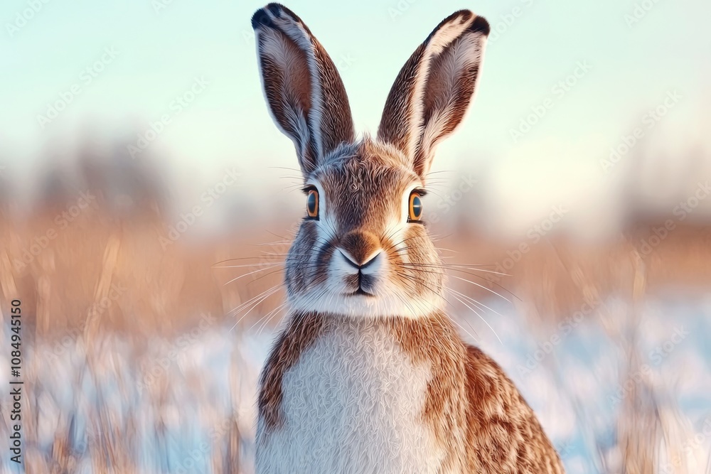 A close-up of a snow-covered hare in a winter landscape, showcasing its alert expression and detailed fur texture against a soft, blurred background. A close-up of a snow-covered hare in a winter landscape, showcasing its alert expression and detailed fur texture against a soft, blurred background.