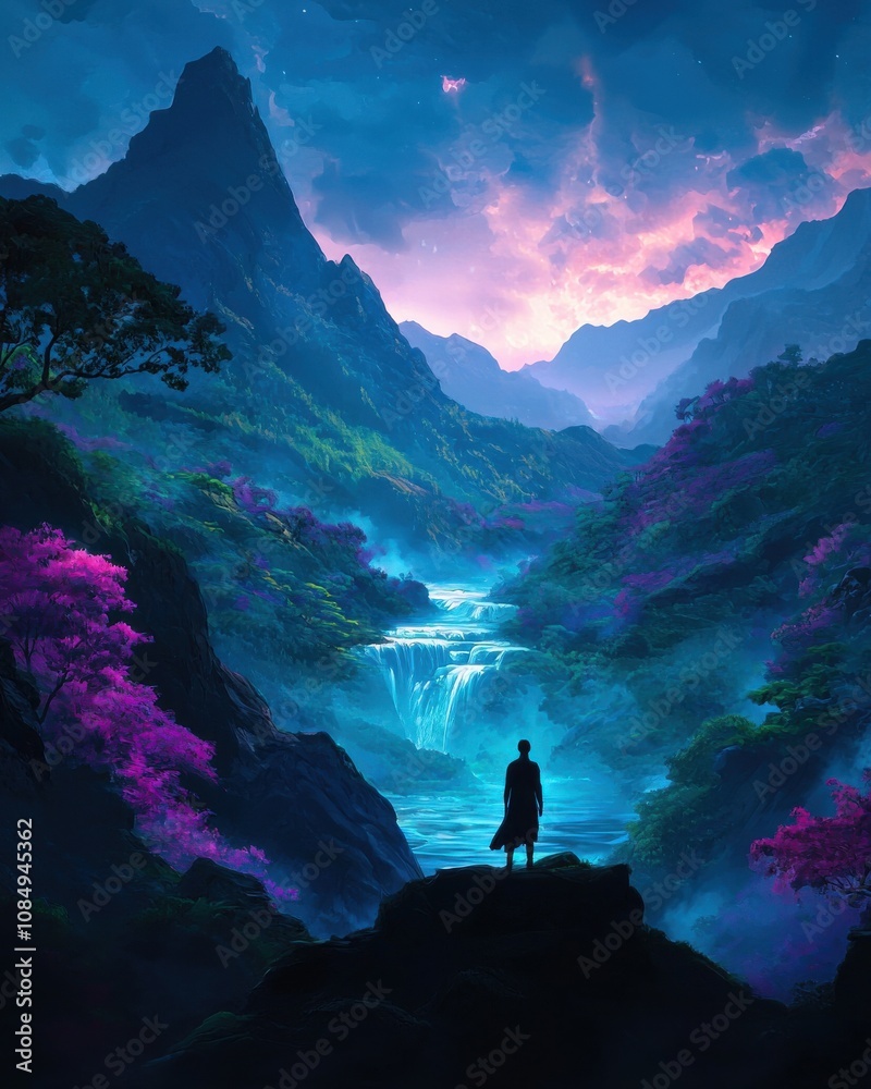 Exploring ethereal waterfalls enchanted mountains digital art fantasy landscape wide angle nature's serenity Exploring ethereal waterfalls enchanted mountains digital art fantasy landscape wide angle nature's serenity