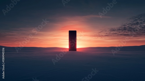 A monolithic structure stands alone against a dramatic sunset, casting a striking silhouette on a vast, serene landscape.