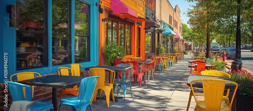 Colorful cafe with outdoor seating on a sunny day.